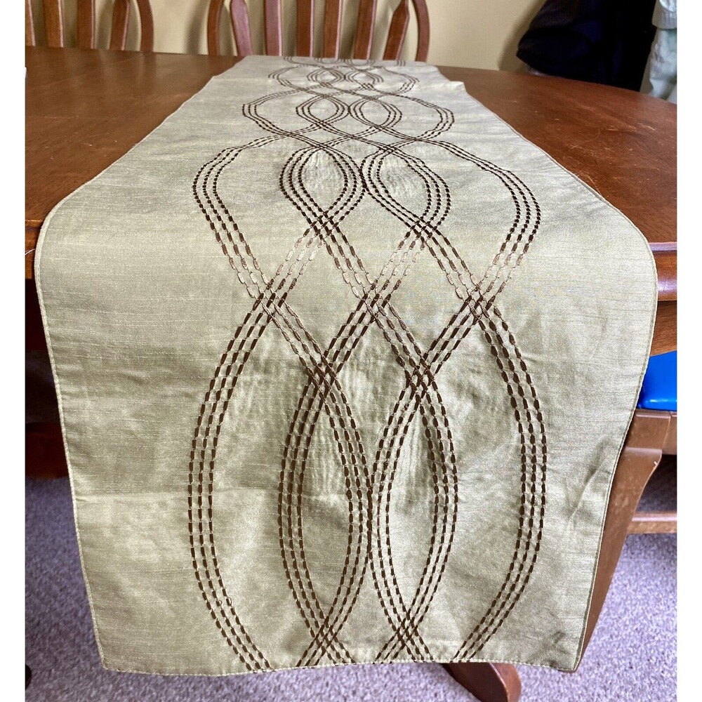 Inspired Treasures Green & Gold Embroidered Polyester Table Runner 72x13 Elegant